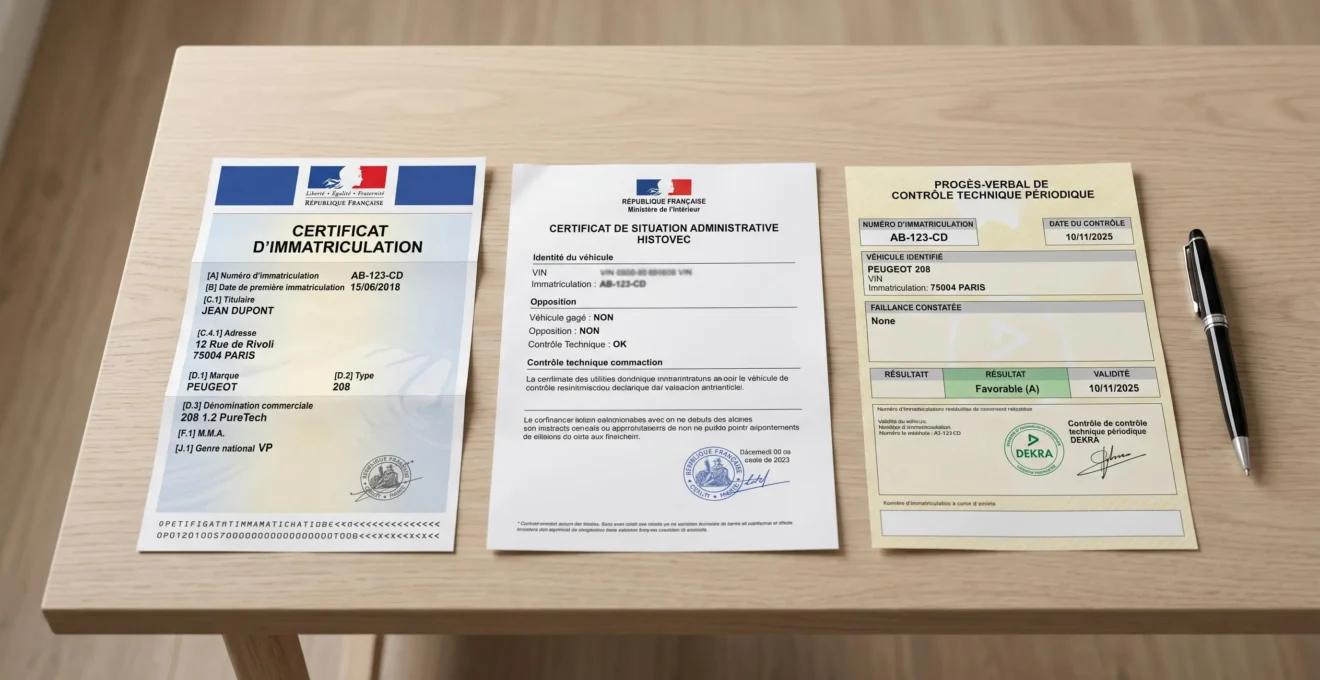 Trois documents administratifs français disposés sur un bureau : carte grise, certificat de situation administrative HistoVec et rapport de contrôle technique