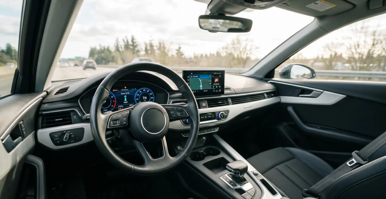 Intérieur d'un véhicule moderne vu depuis le siège conducteur, montrant le volant, le tableau de bord digital et les sièges en bon état