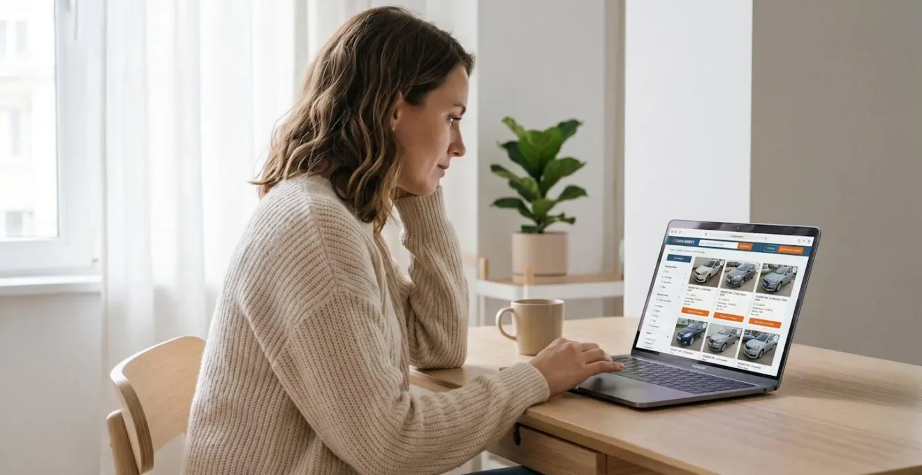 Personne consultant sur son ordinateur portable un site de ventes de véhicules d'occasion affichant une grille de voitures avec prix et caractéristiques, depuis son bureau à domicile lumineux