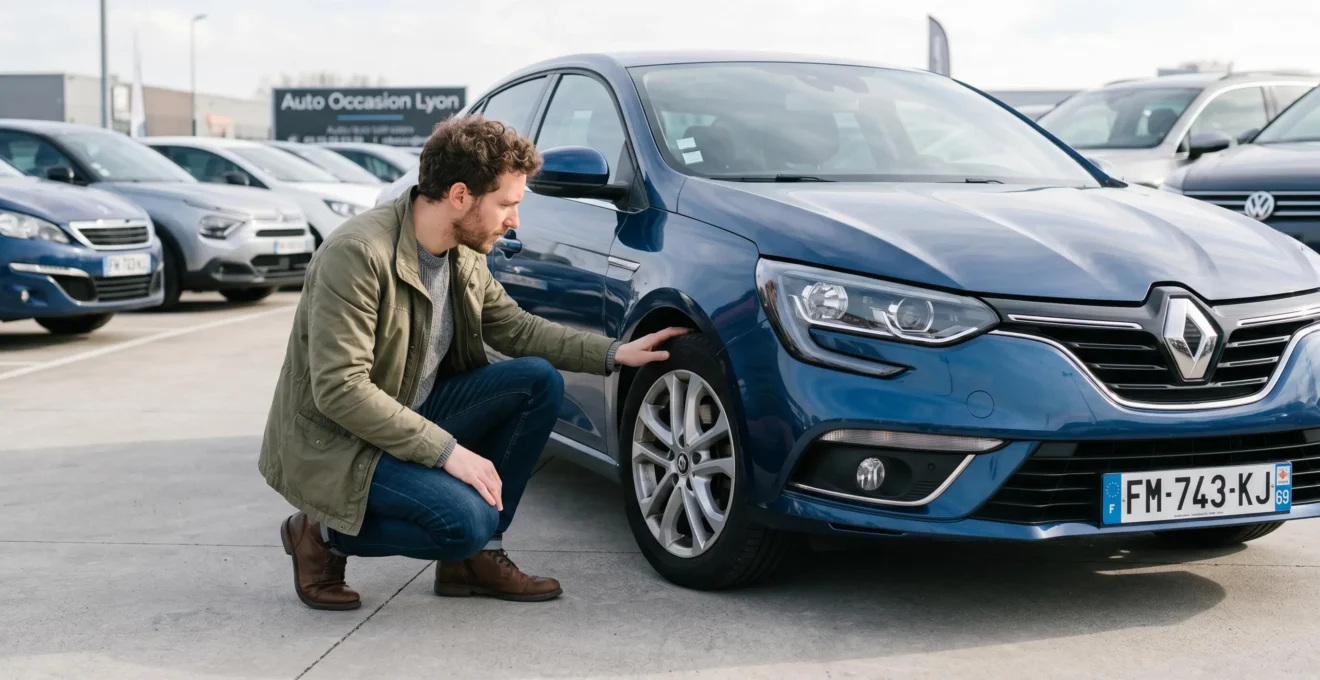 Personne inspectant le pneu et le passage de roue d'une berline compacte sur un parking de véhicules d'occasion, plaque d'immatriculation française visible