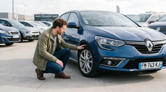 Personne inspectant le pneu et le passage de roue d'une berline compacte sur un parking de véhicules d'occasion, plaque d'immatriculation française visible